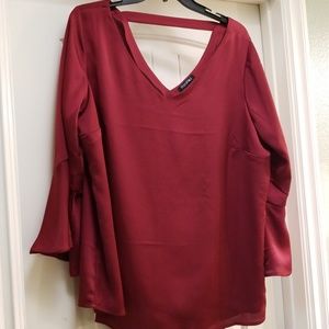 Roz & Ali Burgundy V-Neck Long Sleeve Blouse